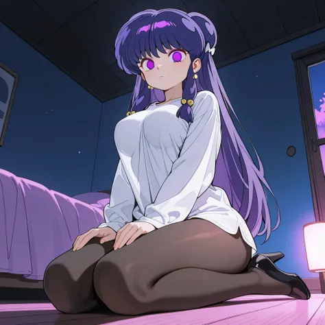 score_9, score_8_up, score_7_up, 1girl, solo, (top quality, 8k), high resolution, smooth, best quality, highly detailed, looking at viewer, bedroom at night, (dark room), ((from below)), large breasts, covered breasts, glowing hypnotic waves in the backgro...