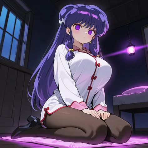 score_9, score_8_up, score_7_up, 1girl, solo, (top quality, 8k), high resolution, smooth, best quality, highly detailed, looking at viewer, bedroom at night, window with purple light, (dark room), ((from below)), huge breasts, covered breasts, glowing hypn...