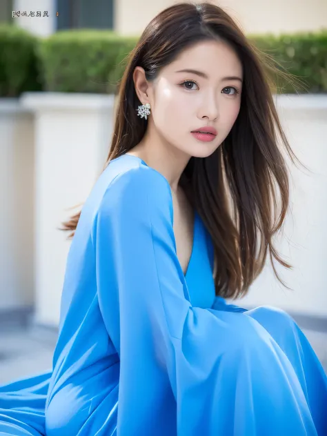 hyper quality,high detail,high resolution, FHD,1080P, 2K4K18K, 1girl, solo, (From the front), chinese clothes, tqansparent sky blue dress, Shiny and fair skin, outdoor, simple background,