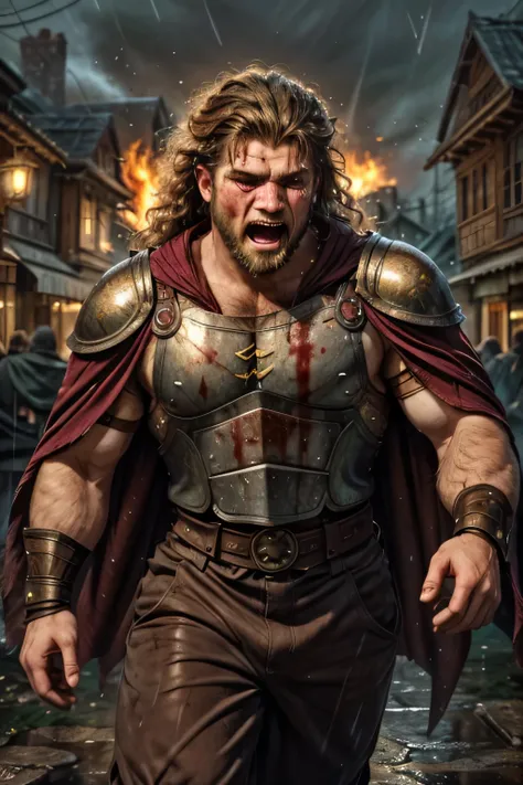 (8k, high definition, masterpiece) A handsome Viking warrior. mouth wide-open war cry. long blond Afro hair. full long facial hair. wearing a breastplate. blood-stained face and armor. dark burgundy hide pants. wearing a long fur shawl. tattered cape. spri...