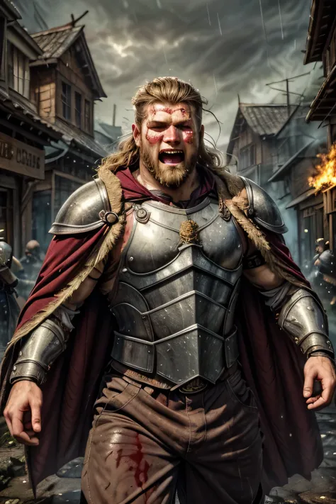 (8k, high definition, masterpiece) A handsome Viking warrior. mouth wide-open war cry. long blond Afro hair. full long facial hair. wearing a breastplate. blood-stained face and armor. dark burgundy hide pants. wearing a long fur shawl. tattered cape. spri...