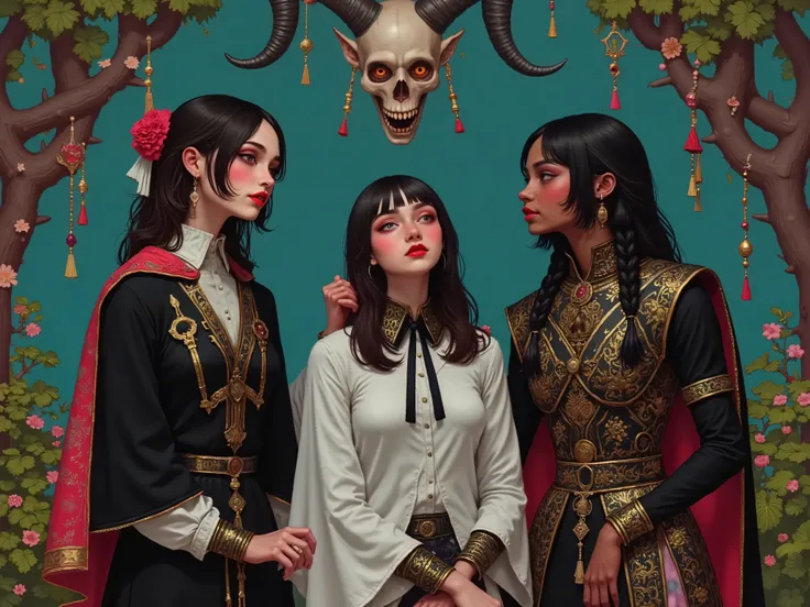 Three people, an living skeleton, a goat monster king, and a black african warlord knight man