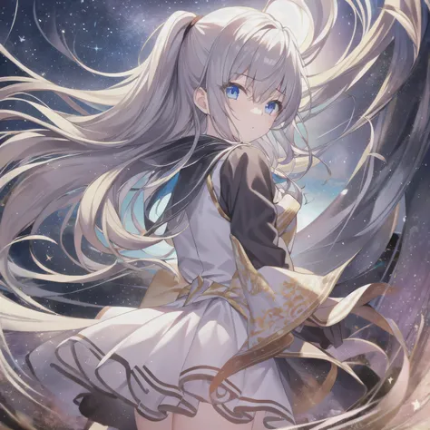 (hanging next to it, masterpiece, high resolution),1 girl,alone,long hair, double ponytail, bangs,Cowboy Shooter, blurry,wind,lightweight particles,(super detailed), REAL LIGHTING , 4K, 8,000,white dress , skirt,White hair, long hair,night,Sky,Star,...