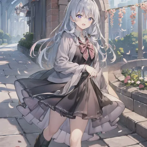 WHellote hair,   long hair，（ purple eyes:1.5), ( large  :1.2),pure wHellote background，
1 girl,  school uniforms, df black shoes,   open mouth  , outdoor,wind, Game CG Break,,(  masterpiece), (hanging next to it), (super detailed), very beautiful, Newest, Beauty illustration, skin is super delicate, sHellony skin, (  masterpiece), (hanging next to it), (super detailed), very beautiful,New, Newest, ,Hello ,feathers_,2023,2024, milk,Digital Media (artworks),  Real light  , 4K,  8,000,