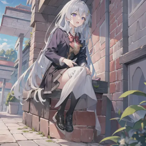 WHellote hair, long hair,( purple eyes:1.5), ( large :1.2),pure wHellote background,
1 girl, school uniforms, df black shoes, open mouth , outdoor,wind, Game CG Break,,( masterpiece), (hanging next to it), (super detailed), very beautiful, Newest, ...