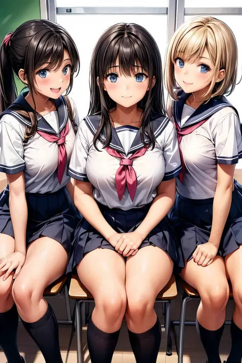 (3 girls), (high school girls:1.3), school uniforms, sailor uniforms, pleated skirts, sitting on desks and chairs, laughing together, chatting happily, smiling, (classroom:1.3), desks, chairs, blackboard, window with daylight, casual conversation, friendsh...
