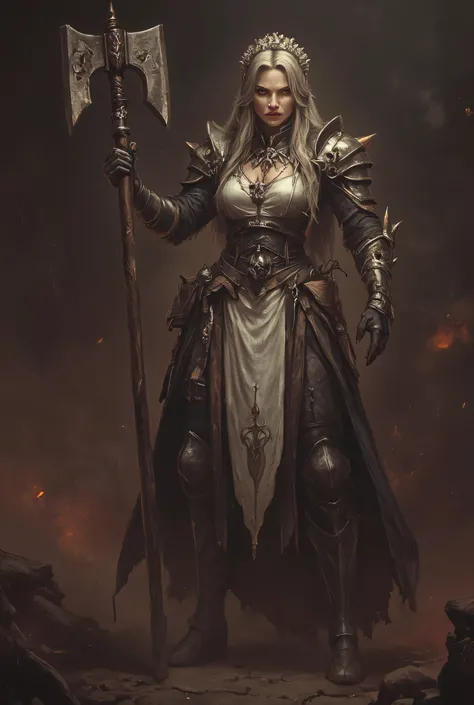 detailed female maid warrior, perfect lean muscular body, maid armor outfit, character concept art, detailed facial features, determined expression, action pose, detailed metal armored maid outfit, anthr0dnd, Gul'dan, dark fantasy character, 8K, photoreali...