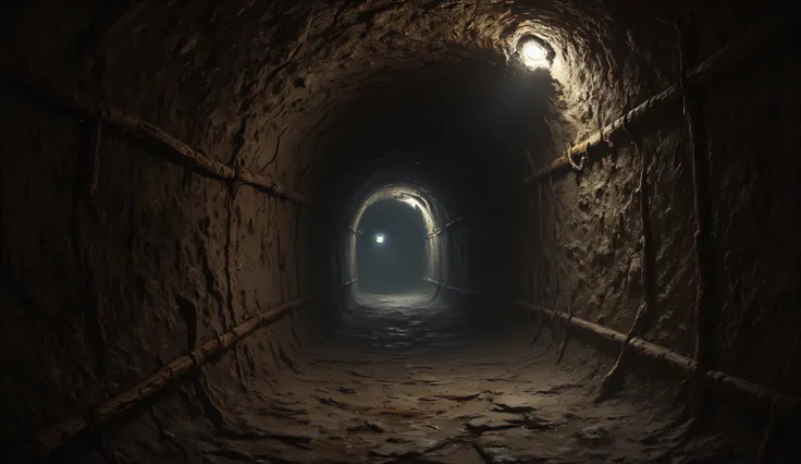 fantasy: 1.5. (dark underground tunnel, dirt wall, wooden support, medieval tunnel, deep tunnel). anthr0dnd, aidmafluxpro1.1, From Brian Froud and Carne Griffiths and Wadim Kashin and John William Waterhouse