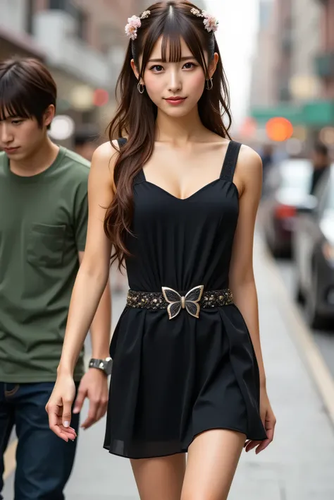 彼女の胸は膨らんでいる, Young woman with long hair, Her light brown hair is walking along a paved sidewalk, Her hair cascades down her back, adorned with a floral hairpiece, She wears a figure-fitting black dress, This dress, Stylishly accentuated by a textured belt ...
