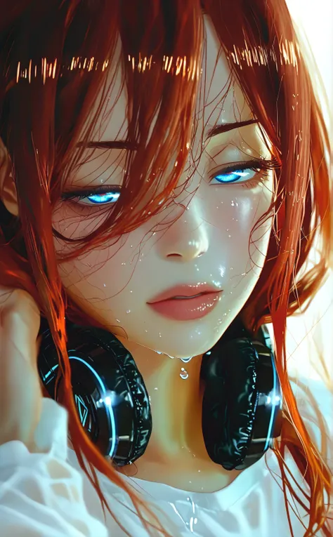 Solo, miku nakano , wArt style inspired by midjuriiny v6 model, midjuriiny v6 model like art style, , glossy lips, , best quality, studio lighting, dark studio lights, dark and bright contrast cinematic, Close up potrait wallpaper of Miku nakano . Art styl...