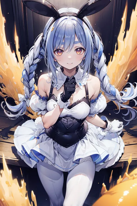 masterpiece, BEST QUALITY BREAK SOLO, , 1 girl, Ultrafine, illustration, interior, Smile, Cowboy Shooter, Gold Necklaces , White punches , white pantyhose, white wristband, DOWN DOUBLE STRAND , fake animal ears, sleeveless, costume cut , Rabbi...