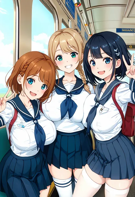 Highest Quality、masterpiece、Portrait Photography、Soft background blur 、detailed eyes、age beauty、huge breasts、braided bob cut、Ponytail、jk uniform、sailor suit、pleated skirt、White Stockings、Playfully hugging each other 、big smile、cute仕草、Station Platform、(3 gi...