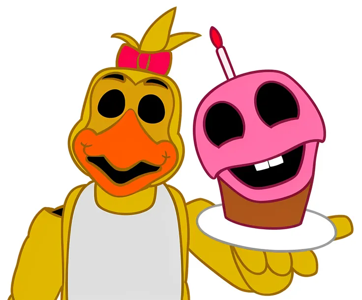  An animatronic spooky chicken, holding a cupcake with a face (CHICA DE FNAF)