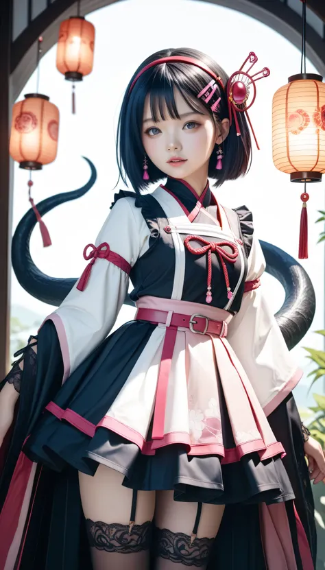 ((Highest Quality:1.5))、natural light、magical girl、Japanese Style Gothic Dress、mini tight skirt、pink belt、Long-sleeved kimono、black hair long twin tail、stockings、Magic Lantern Stick、　Hairpin Headband
