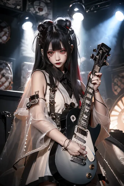 Long black hair, big eyelashes, black eyes, big eyes, long white dress, guitarist in a metal band, playing Les Paul type guitar, on stage with spotlight shining
