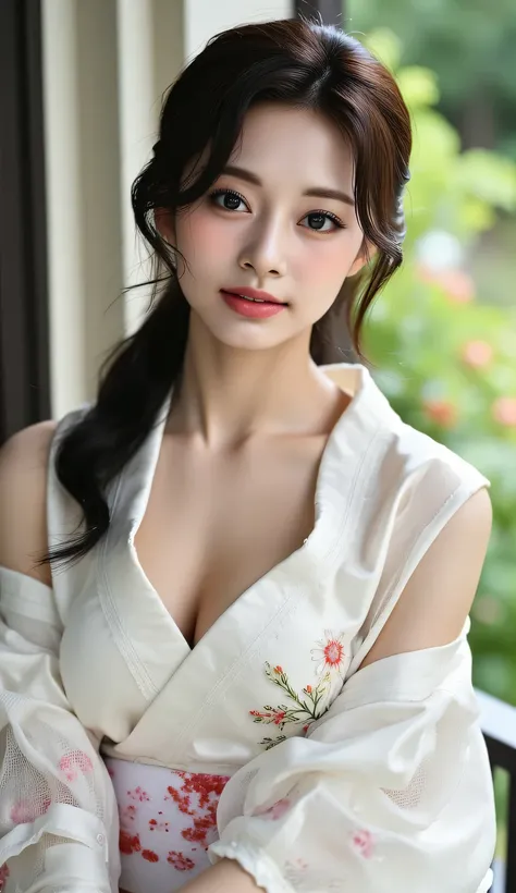 a beautiful woman, sitting strapping on the porch of a japanese model house, Japanese model house garden background, body looking camera, Using white floral print satin material kimono, payudara besar, bibir merah