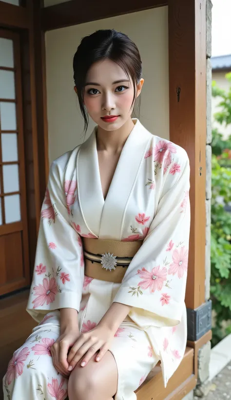 a beautiful woman, sitting strapping on the porch of a japanese model house, Japanese model house garden background, body looking camera, Using white floral print satin material kimono, payudara besar, bibir merah, kulit basah, kimono basah