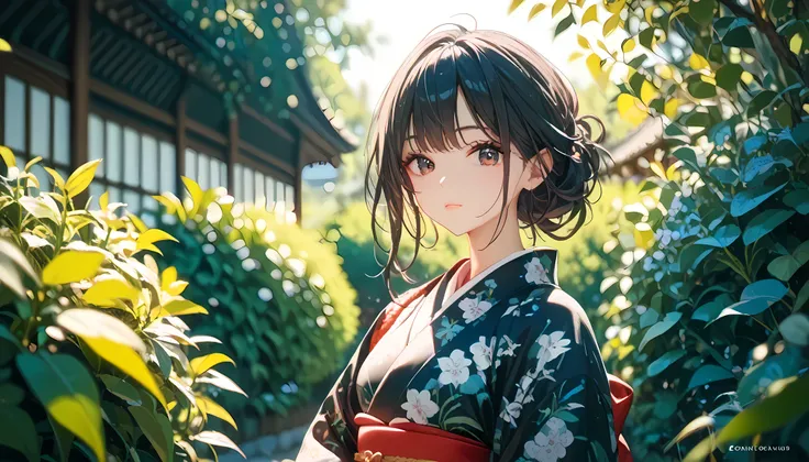 ((((best quality)), ((masterpiece)), (detailed face and eyes), perfect face, accurate, textured skin, high details, highres, green garden, kimono(black and white colored), kanzashi, black hair, Japanese style outfit, beauty, sunlight,