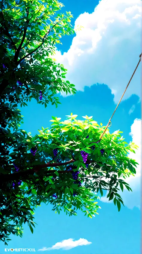 A semi-realistic digital illustration of a mulberry tree with vibrant green leaves and rich purple-black fruits, extending upward into a bright blue sky filled with thin, wispy white clouds. The lighting is sharp and natural, capturing the intensity of a c...