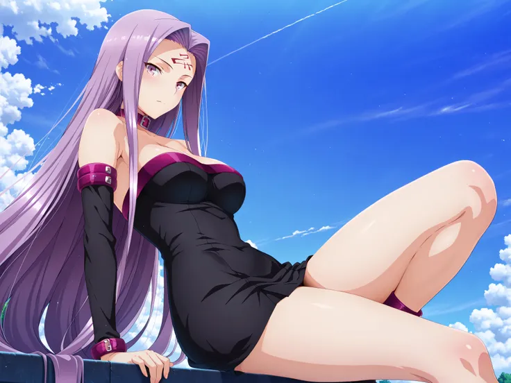 solo,masterpiece,best quality, amazing quality, highres, absurdres, very aesthetic, high resolution, ultra detailed, perfect details,medusa (fate), medusa (rider) (fate), purple hair, forehead mark, very long hair, (forehead:0.8)、purple eyes、purple collar,...