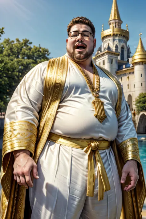 (8k, high definition, masterpiece) Stubbled and buffed Caucasian. handsome and obese singer wearing brown thick glasses. eyes closed while singing an aria. mouth open. wears a buttoned white royal robe, wearing a golden sash. wears white silk pants. hyper-...
