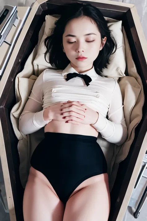 (masterpiece, highest quality), 1 girl, beautiful face, beautiful body,  wearing a Black gymnastics bloomers, High leg、white blouse,    cowboy shot、lying in a coffin、full body portrait、alone, complex details, enlarged textures, complex details, finely deta...