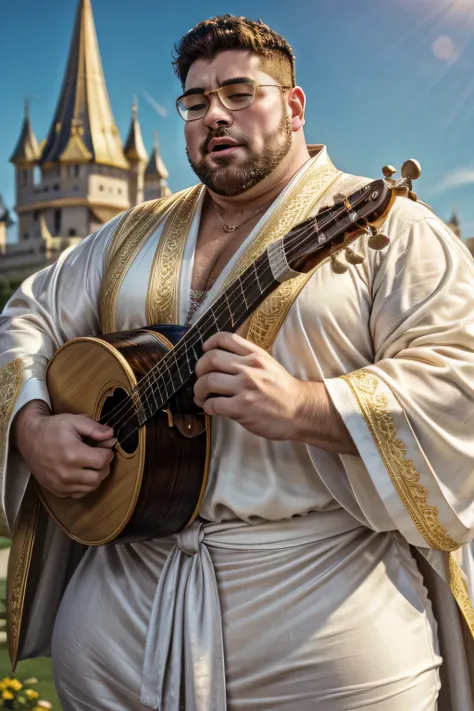 (8k, high definition, masterpiece) Stubbled and buffed Caucasian. handsome and obese singer wearing brown thick glasses. eyes closed while singing an aria. mouth open. playing a lute. wears a buttoned white royal robe, wearing a golden sash. wears white si...