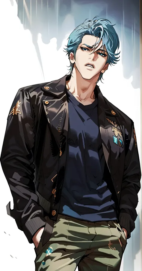 1male,solo,Grimmjow,blue hair,slicket back,blue eyes,black jacket,navy blue shirt,green pants,Lookism PTJ Style