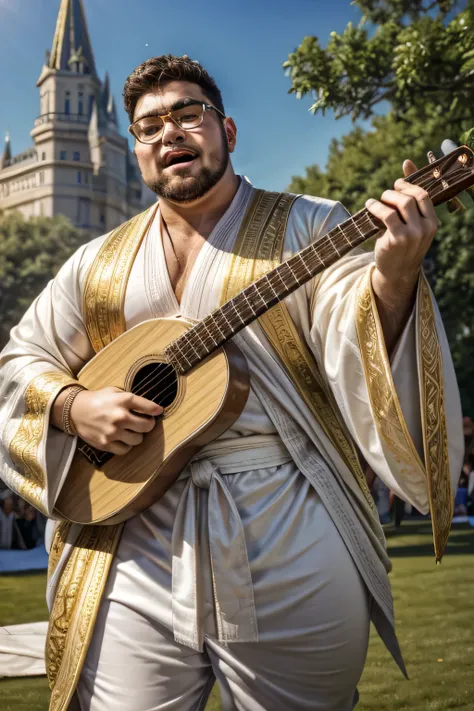 (8k, high definition, masterpiece) Stubbled and buffed Caucasian. handsome and chubby singer wearing brown thick glasses. eyes closed while singing an aria. mouth open. playing a lute. wears a buttoned white royal robe, wearing a golden sash. wears white s...