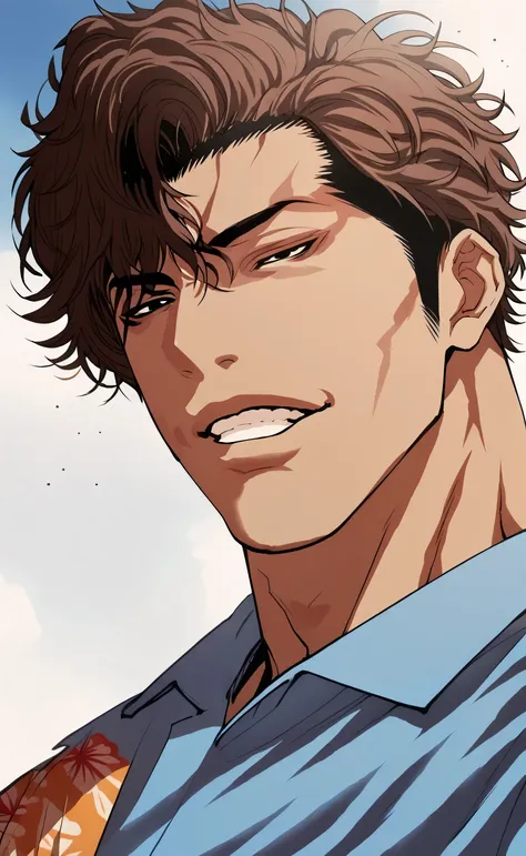 1male,solo,Yasutora Sado,brown hair,messy hair,black eyes,dark skin,aloha shirt,blue jeans,big muscle,cool face,