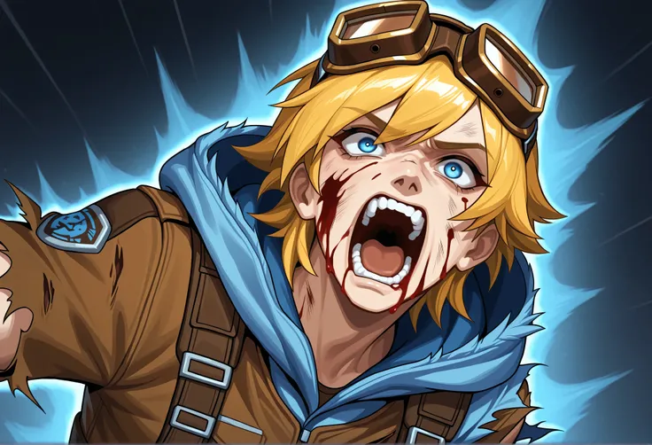 Ezreal, blood on face, torn clothes, brown pilot goggles on head, blue eyes, kaibanodef, open mouth, upper body, teeth, screaming, parody, hood with blue furr, blue triangle on cheekbone, tousled blonde hair