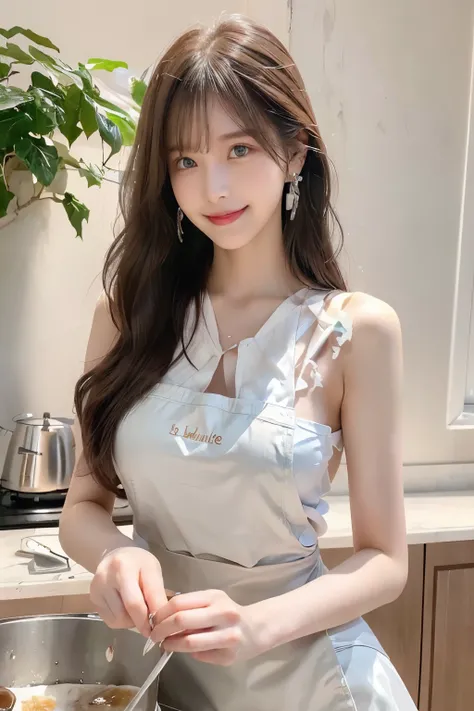 (from below:1.4),((1girl, silverblown hair, long hair, qutel blue eyes, beautiful eyes, pretty smile:1.5, ), coloring watercolor digital pencil ,Cherry blossoms falling,an animated painting of a woman in an apron standing at a coffee maker, 1girl, brown ha...