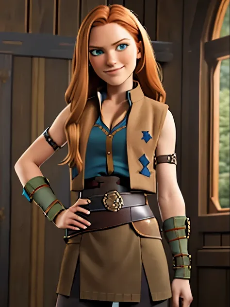 ruffnut, 1girl, solo, green eyes, long ginger hair, brown skirt, blue shirt, brown vest, sleeveless, belt, vambraces, smirk, looking at viewer, masterpiece, high quality, detailed