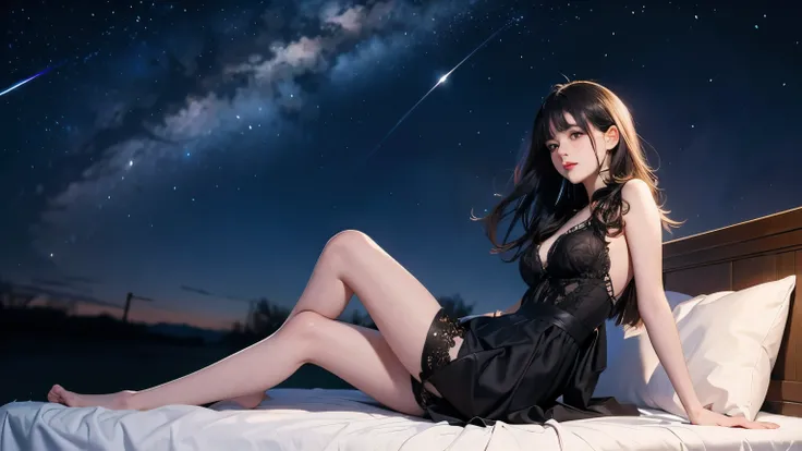 A delusional world where the star of a girl sitting on a bed placed on a prairie at night and looks at the stars shatters and emits a moment of light