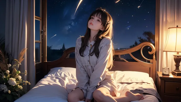A girl sitting on a bed placed on a prairie at night and looking up at the stars A delusional world where stars shatter and give off a moment of light