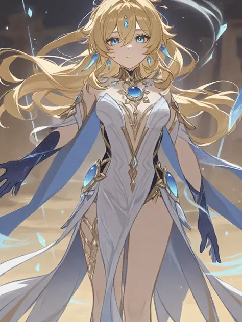 Genshin「Jin Gunnhild 」,　The,　golden hair,　 ponytail hair,　Her costume is mostly sapphire blue with intricate silver and white details, Fantasy-themed costume with bright blue and gold hues stand out, Has a mystical aura, There is a small round jewel in the...