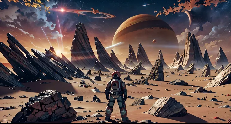 Alien Planet with Red Sky, red skies, Firmamento escarlate, Alien Surfice, montanhas, Starry sky with asteroids, Stars in the sky, Saturn in the sky,