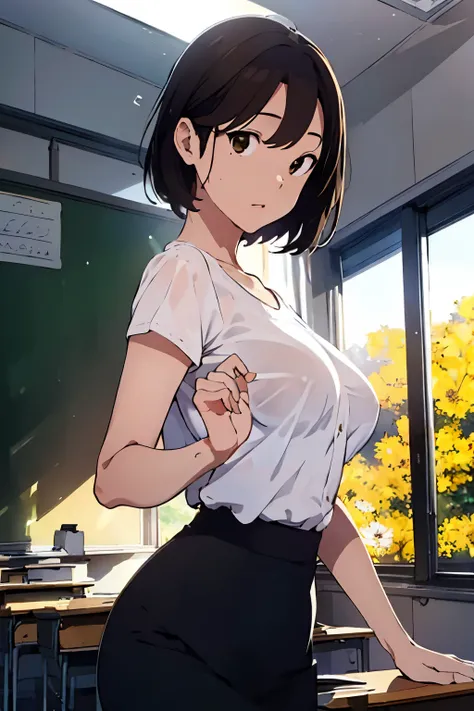 ((best quality)), ((masterpiece)), (detailed), Beautiful teacher, classroom with sun lights,small white silk shirt, hot black pencil skirt, sexy body, big breast,  woman bras inside white silk shirt, yellow flowers view outside room , gradation of day scen...