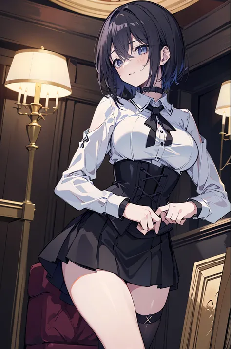 ((better quality)), ((Masterpiece)), (detailed), anime girl gesture, dynamic pose(looking away), shy look, short black hair, big breasts, sexy, ,ojos detaileds, ojos azules, (((pale skin))), choker:1.6, ((((long sleeve white buttoned shirt)))), ((black le...