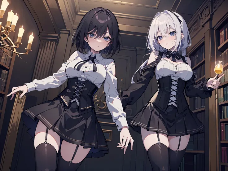 ((better quality)), ((Masterpiece)), (detailed), 2 anime girls, dynamic pose(looking away), shy look, short black hair, big breasts, sexy, ,ojos detaileds, ojos azules, (((pale skin))), choker:1.6, ((((long sleeve white buttoned shirt)))), ((black leather...