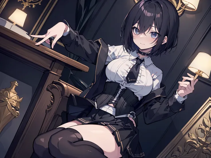 ((better quality)), ((Masterpiece)), (detailed), 2 anime girls, dynamic pose(looking away), shy look, short black hair, big breasts, sexy, ,ojos detaileds, ojos azules, (((pale skin))), choker:1.6, ((((long sleeve white buttoned shirt)))), ((black leather...