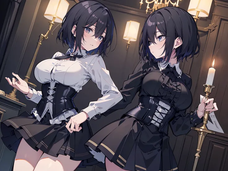 ((better quality)), ((Masterpiece)), (detailed), 2 anime girls, dynamic pose(looking away), shy look, short black hair, big breasts, sexy, ,ojos detaileds, ojos azules, (((pale skin))), choker:1.6, ((((long sleeve white buttoned shirt)))), ((black leather...