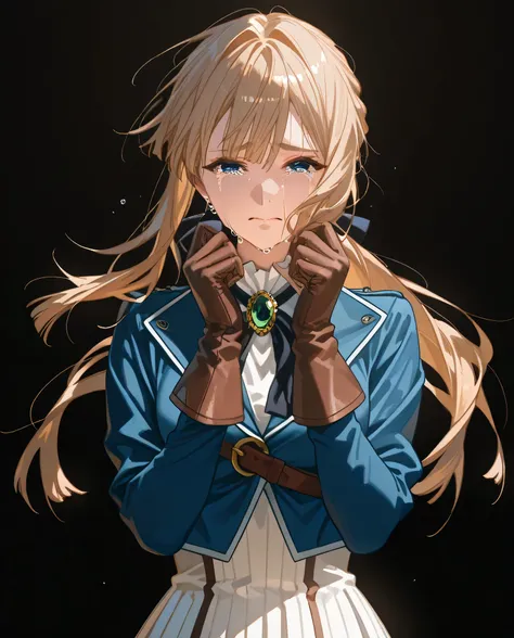 (Masterpiece, better quality), ((perfect hands, perfect fingers)),  A very beautiful woman  ,((crying)),of a slim build, of medium height and fair skin; her face is somewhat narrow and elongated, with big blue eyes and thick dark eyelashes.Her blond hair e...