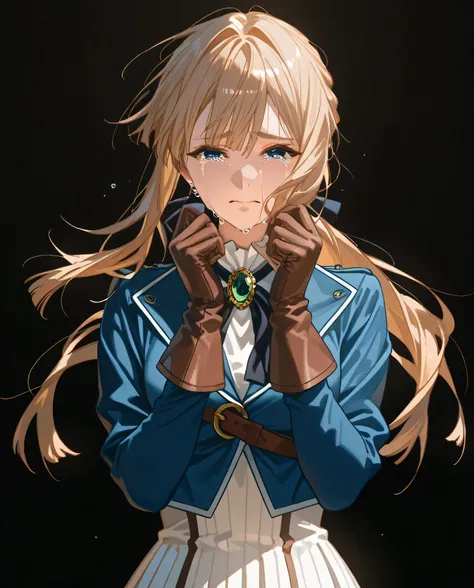 (Masterpiece, better quality), ((perfect hands, perfect fingers)),  A very beautiful woman  ,((crying)),of a slim build, of medium height and fair skin; her face is somewhat narrow and elongated, with big blue eyes and thick dark eyelashes.Her blond hair e...
