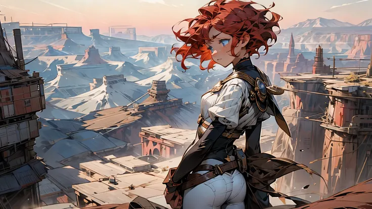 girl１people 、 Grand Canyon 、 mountains visible in the distance々 、 sunset 、 Soft Breeze 、 Airship anchored 、 Looking at the distant sky  、 short hair 、 Shortcuts 、 Red Hair Color 、 blue eyes 、 boyish 、 アジアpeople 、flat chested、Primary Shokin 、 people around ...