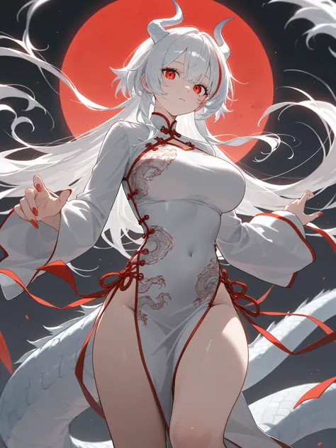 1girl,short White Hair,Red Highlight,Brown right eye,White Left eye,white Dragon horns,white Dragon tail,Large breasts,Chinese Qipao,Night,looking towards the moon