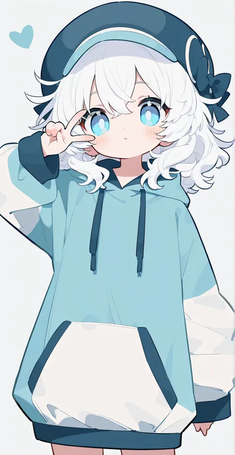 White hair, medium hair, big volume hair, wavy hair, light blue eyes, oversized hoodie, round cap, v over eye