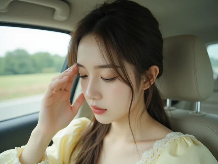 beautiful girl, Very beautiful, เด็กสาวOne person, white, very young face, Sigh, looking to the right , BORED GESTURES, Left hand raised forehead, , closes its eyes,, student, One person, หน้าIt's shiny.,pretty as fairies, messy hair , The car is run...