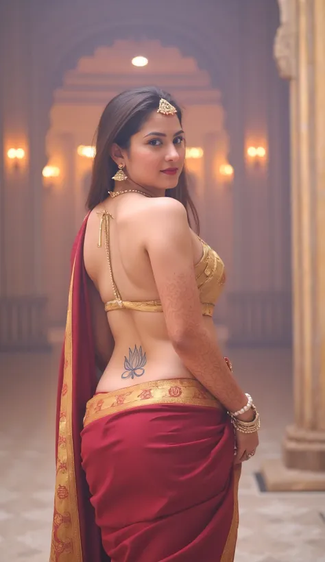 The enchantingly divine Indian women, her ultra-fair, Russian-like milk-white complexion glowing like pure snow, radiating a celestial luminescence in a softly lit, ancient temple illuminated by the warm, golden glow of flickering oil lamps. Her big, hypno...