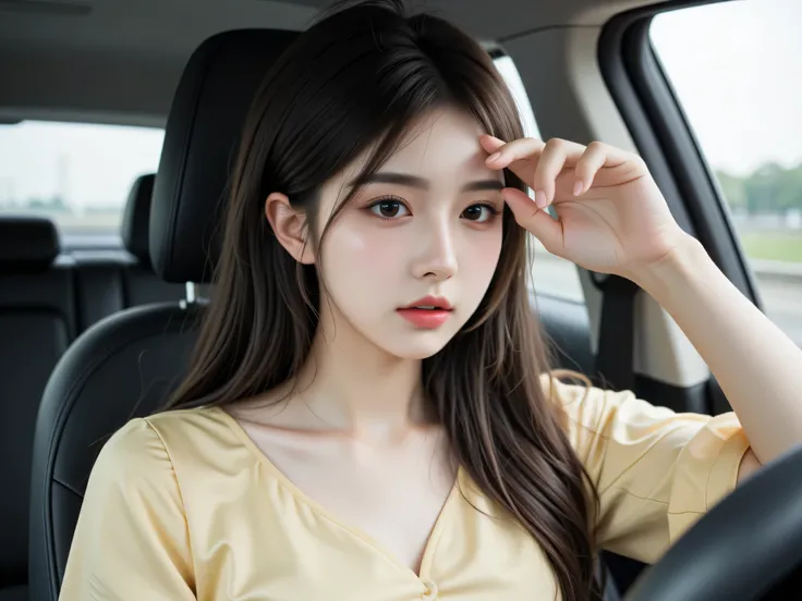 beautiful girl, Very beautiful, เด็กสาวOne person, white, very young face, Sigh, looking to the right , BORED GESTURES, Left hand raised forehead, , closes its eyes,, student, One person, หน้าIt's shiny.,pretty as fairies, messy hair , The car is run...
